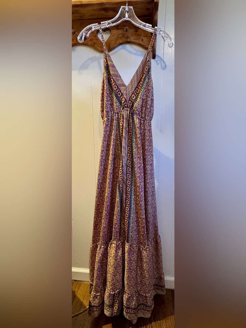 Boho-Print Purple V-Neck Maxi Dress with Spaghetti Straps